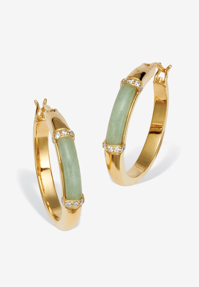 .18 Tcw Cz Cabochon Cut Genuine Green Jade 18K Yellow Gold-Plated Hoop Earrings, GREEN, hi-res image number null