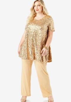 Plus-Size 2 Piece S/S Sequin Top and Pant Set