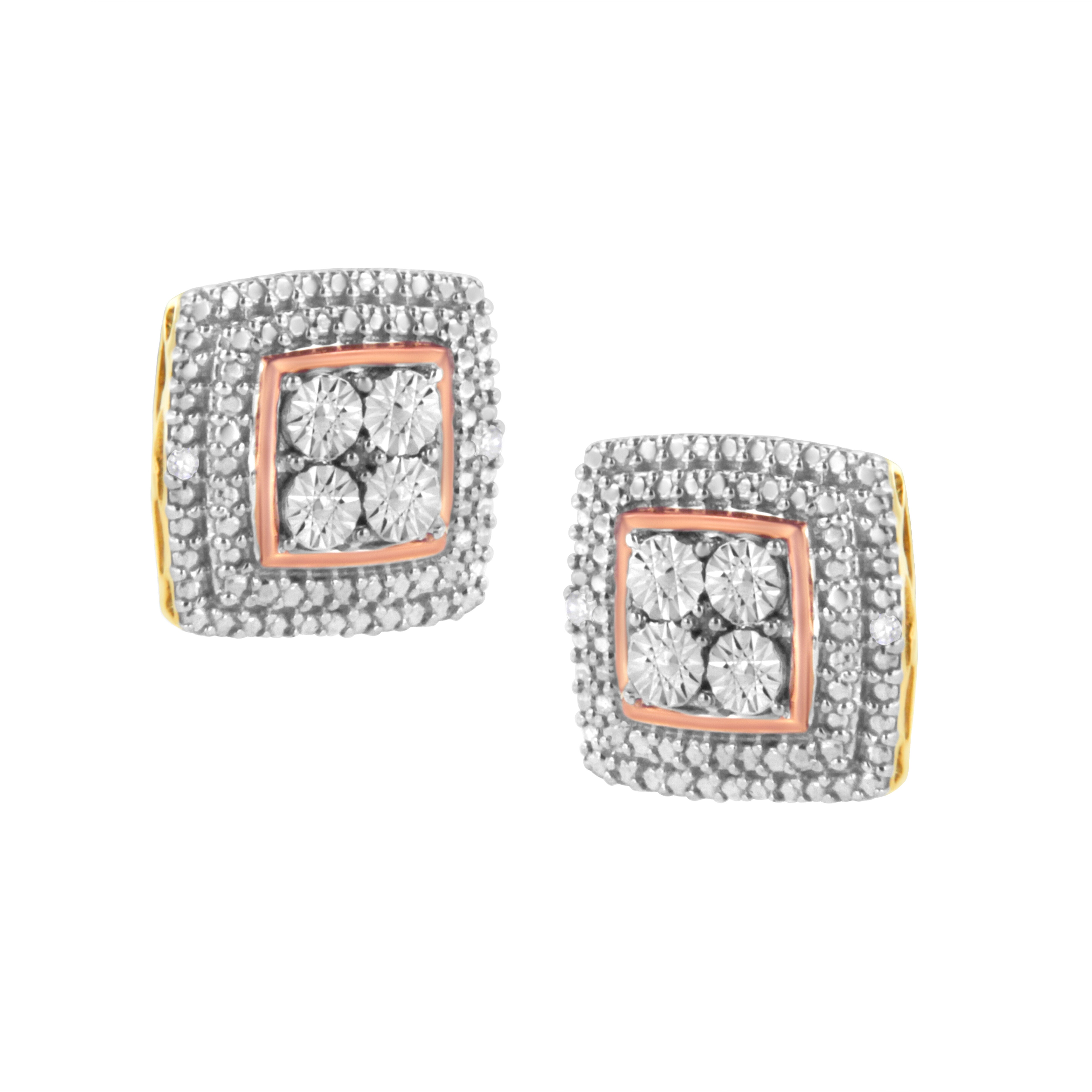 .925 Sterling Silver Diamond Accented Square Shaped Milgrain Stud Earrings (I-J Clarity, I3 Color), YELLOW WHITE ROSE, alternate image number 2