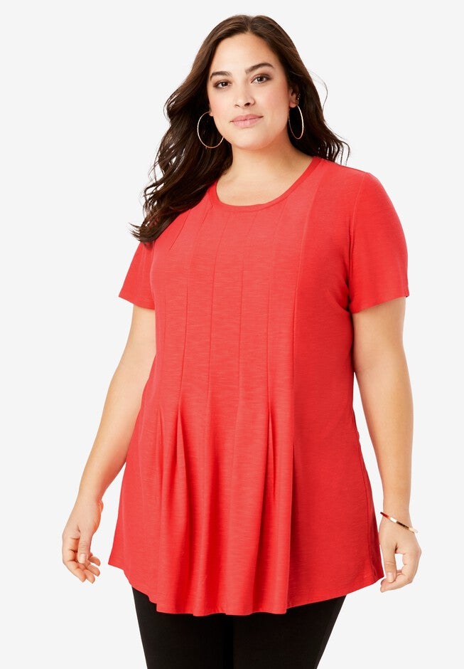 Pleated Tunic with Short Sleeves, NO COLOR, hi-res image number null