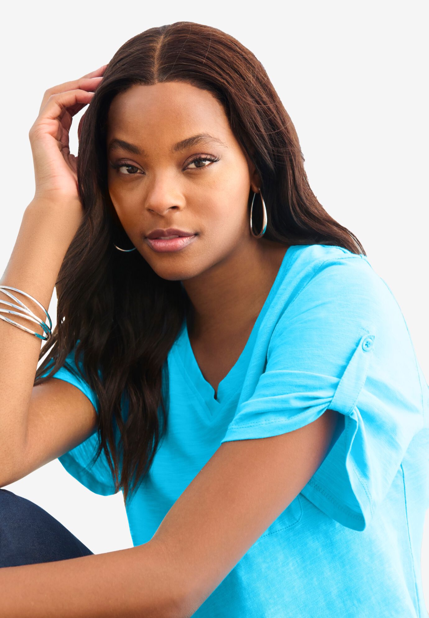 Plus Size Slub V-Neck Boyfriend Tunic Top, , alternate image number 3