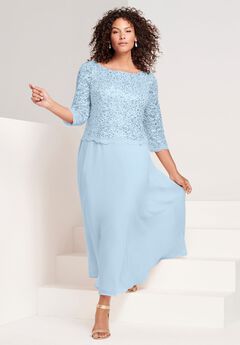 Plus Size Sequin Lace Three Quarter Sleeve A-Line Gown
