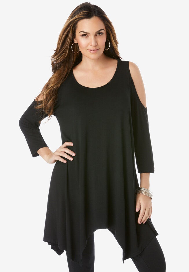 Cold-Shoulder Hanky Hem Ultra Femme Tunic, BLACK, hi-res image number null