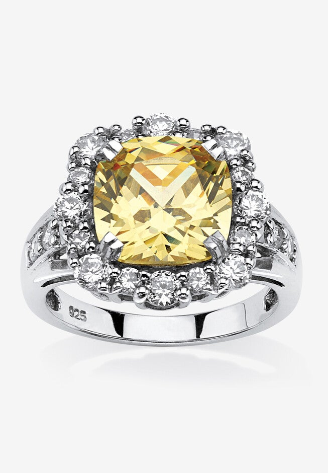 Platinum over Sterling Silver Princess Cut Canary Cubic Zirconia Ring, WHITE, hi-res image number 0