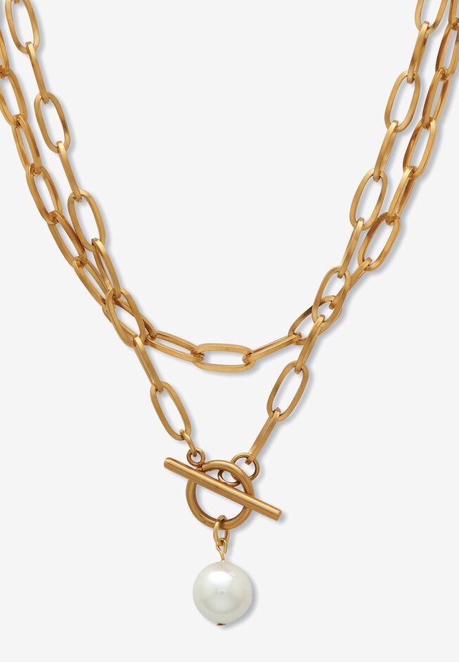 Simulated Pearl Gold Ion-Plated Stainless Steel Paperclip Necklace Set 18 Inch, GOLD, hi-res image number 0