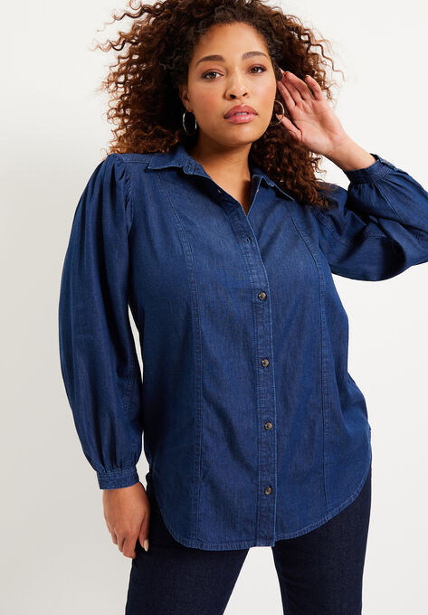Blouson-Sleeve Chambray Top, , alternate image number null