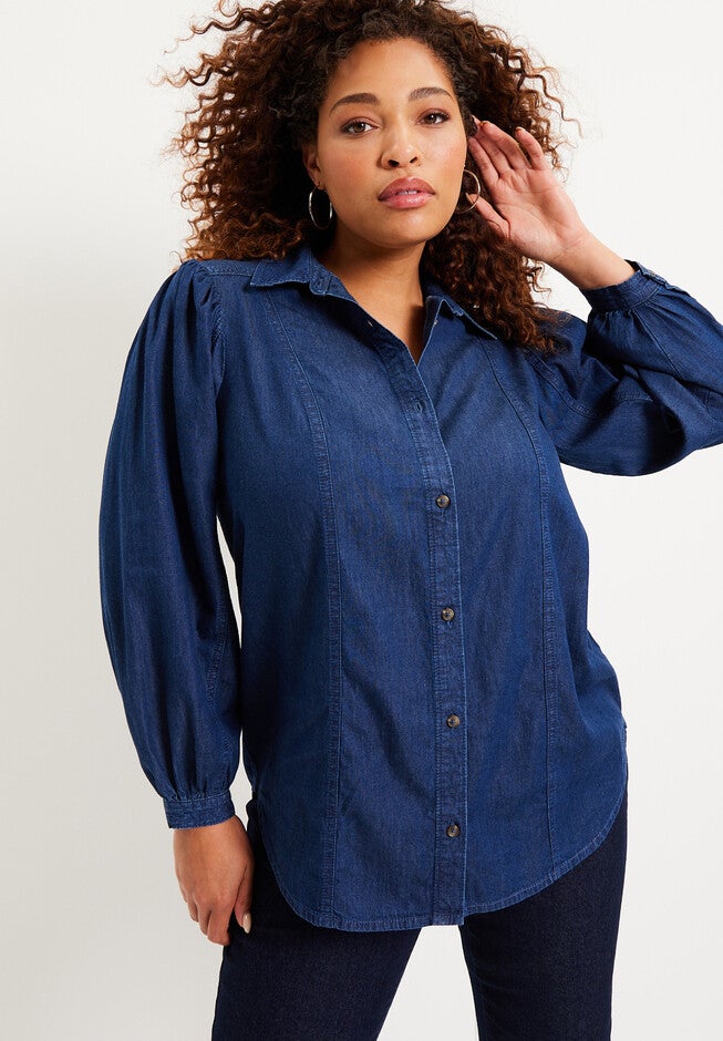 Blouson-Sleeve Chambray Top, , alternate image number 3