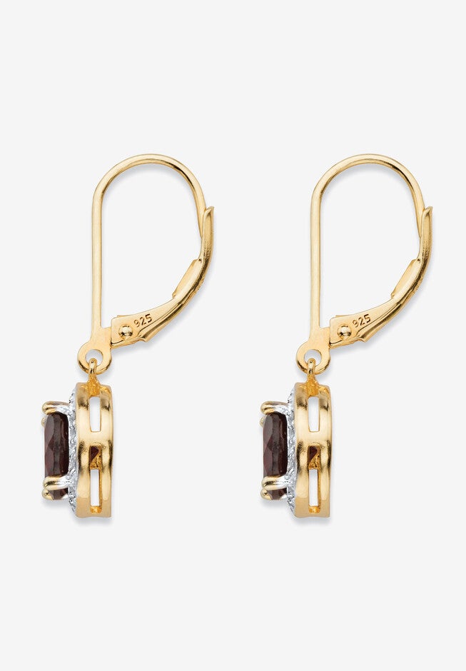 Gold Over Silver Halo Drop Earrings, Red Garnet And Diamond Accent Jewelry, , on-hover image number 1