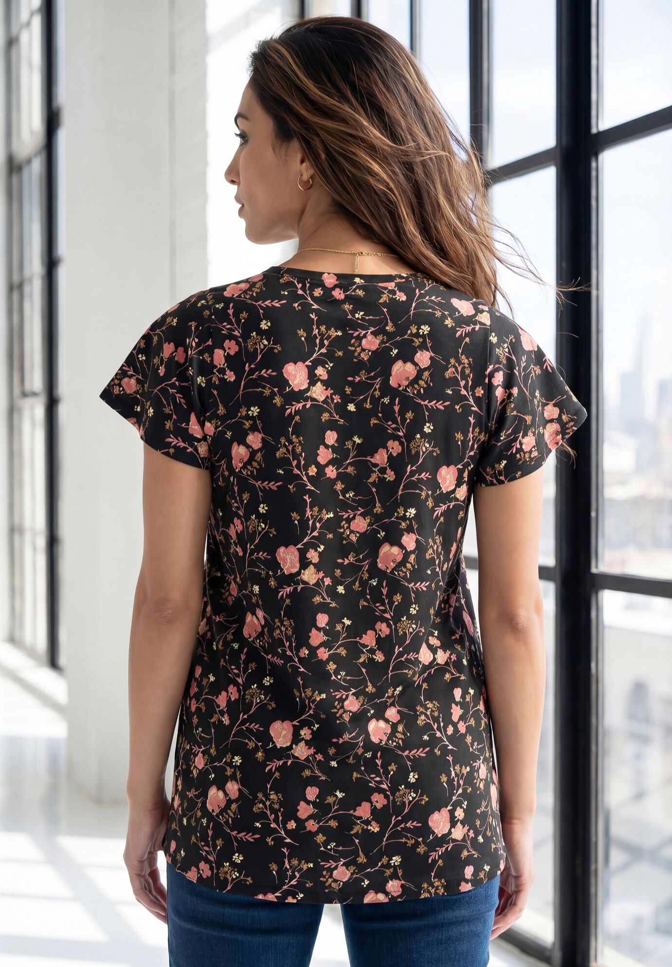 Plus Size Cotton Ultimate Flutter Sleeve Sweetheart Tee, BLACK WILDFLOWER, alternate image number 2