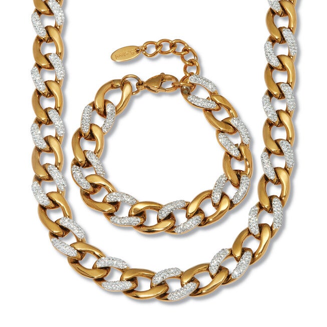 Round Crystal Gold Ion-Plated Stainless Steel Link Necklace Set 18 to 20-inch, WHITE, hi-res image number null