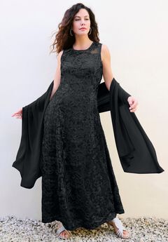 Plus-Size Allover Lace Embellished Shawl Gown