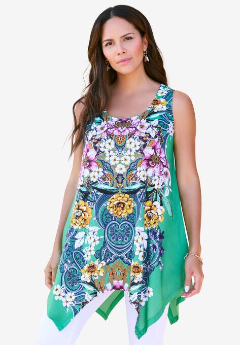 Handkerchief-Hem Tunic Tank, EMERALD GARDEN PAISLEY, hi-res image number null