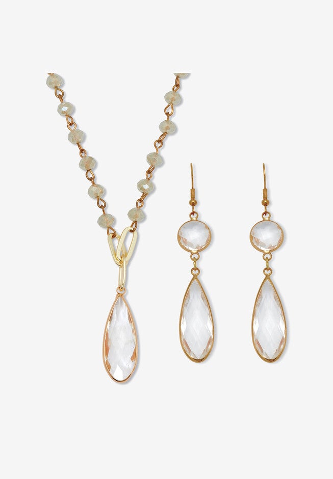Crystal Goldtone Drop Necklace And Crystal Earrings, 2-Piece Set, WHITE, hi-res image number null