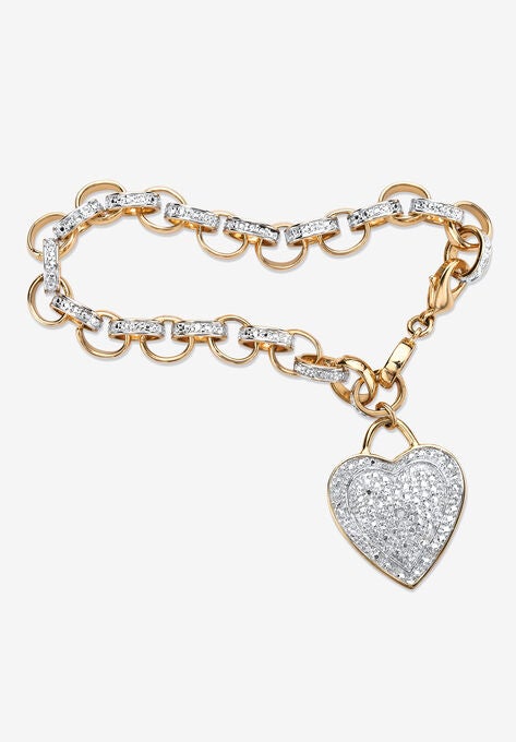 Diamond Accent 18K Gold-Plated Heart Charm Rolo-Link Bracelet 7.75", DIAMOND, hi-res image number null