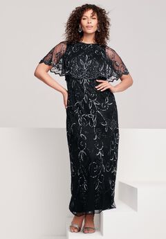 Plus Size Beaded Capelet Maxi Gown – Glam Evening Dress