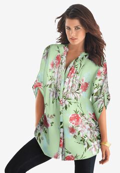 Plus Size Pintuck Tunic Blouse – Y-Neck & Roll-Tab Sleeves