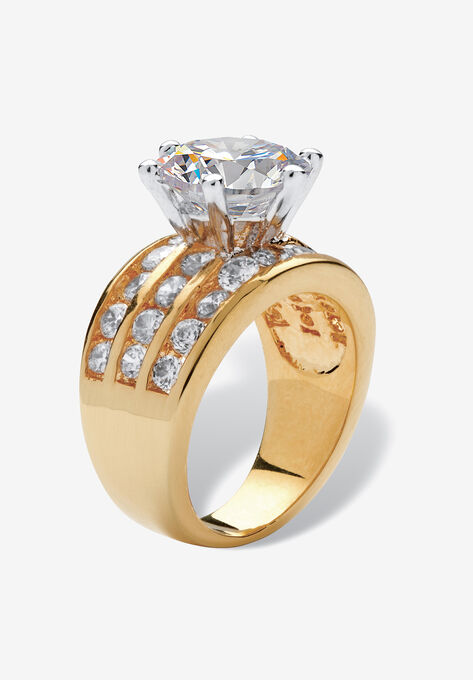 Goldtone Round Cubic Zirconia Triple Row Engagement Ring, , on-hover image number null