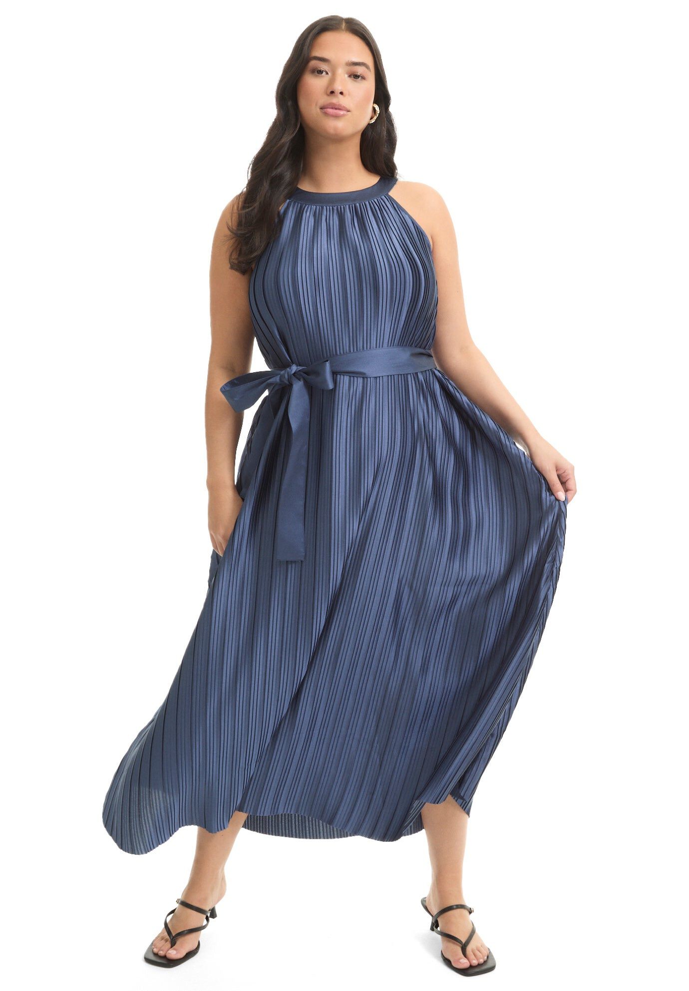 Pleated Halter Maxi Dress, DEEP MARINE, hi-res image number 0