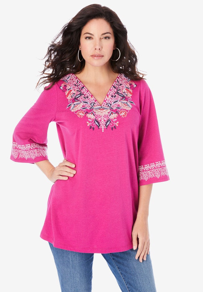 Embroidered V-Neck Top, RASPBERRY BLOSSOM EMBROIDERY, hi-res image number null