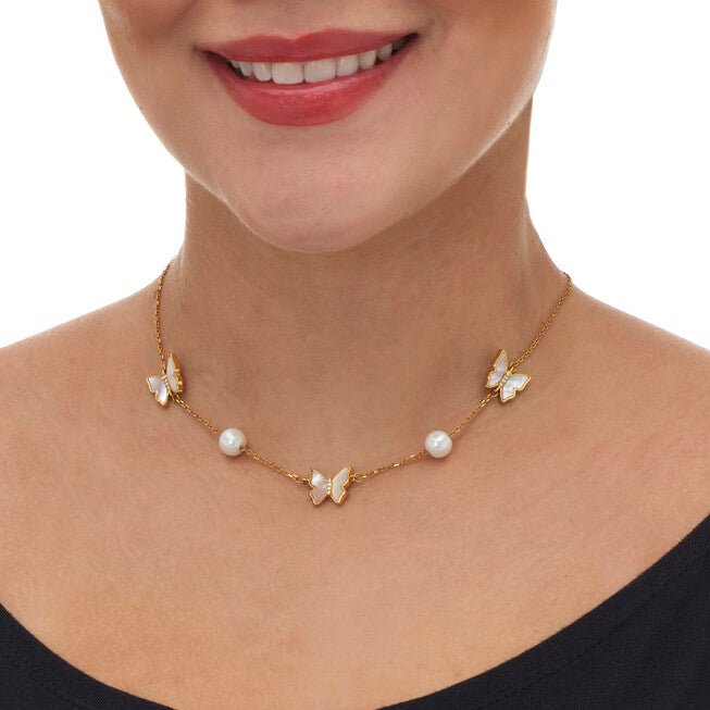 Mother of Pearl Gold Ion-Plated Stainless Steel Butterfly Necklace 18-inch, WHITE, alternate image number 2