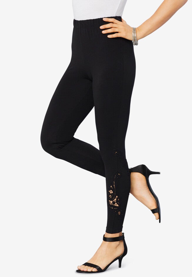 Lace-Inset Essential Stretch Legging, BLACK, hi-res image number 0