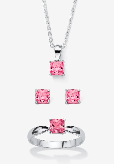 Sterling Silver Simulated Birthstone Ring Earring and Necklace Set 18", OCTOBER, hi-res image number null