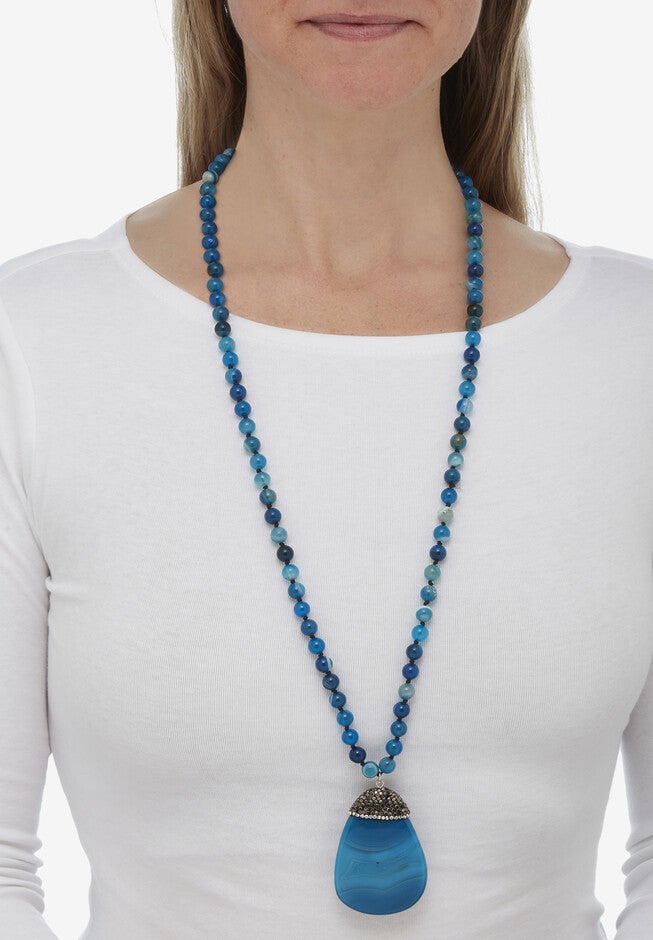 Round Genuine Blue Agate Crystal Accented Silvertone Drop Necklace 34 Inch, , alternate image number null