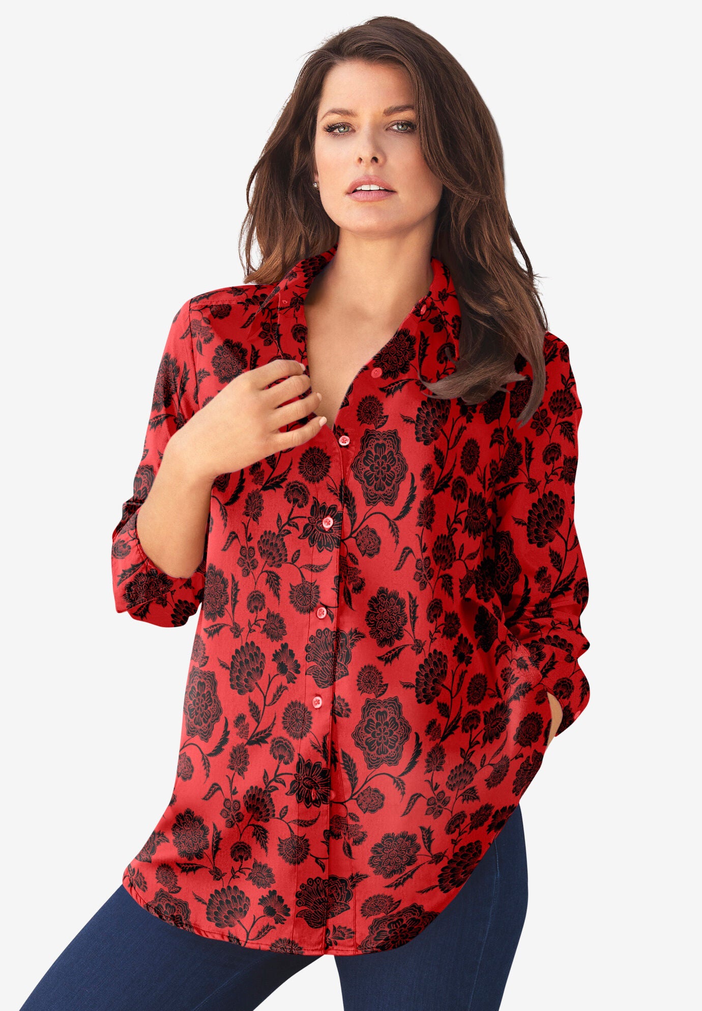 Plus Size Kate Long Sleeve Easy Cotton-Blend Button-Front Shirt, VIVID RED FLORAL, on-hover image number 1