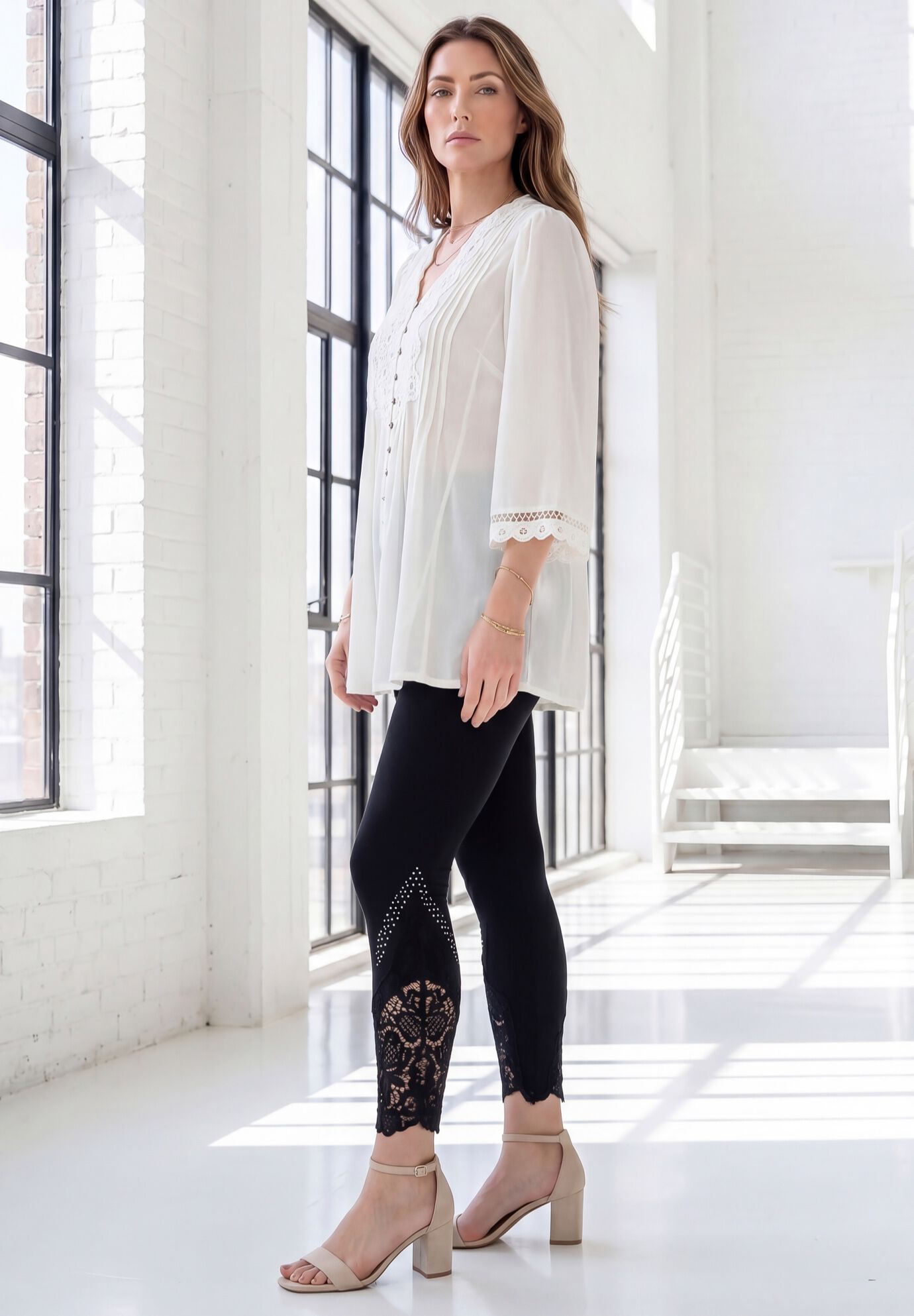 Plus Size Juliet Lace Trim Button-Down Shirt, WHITE, alternate image number 3