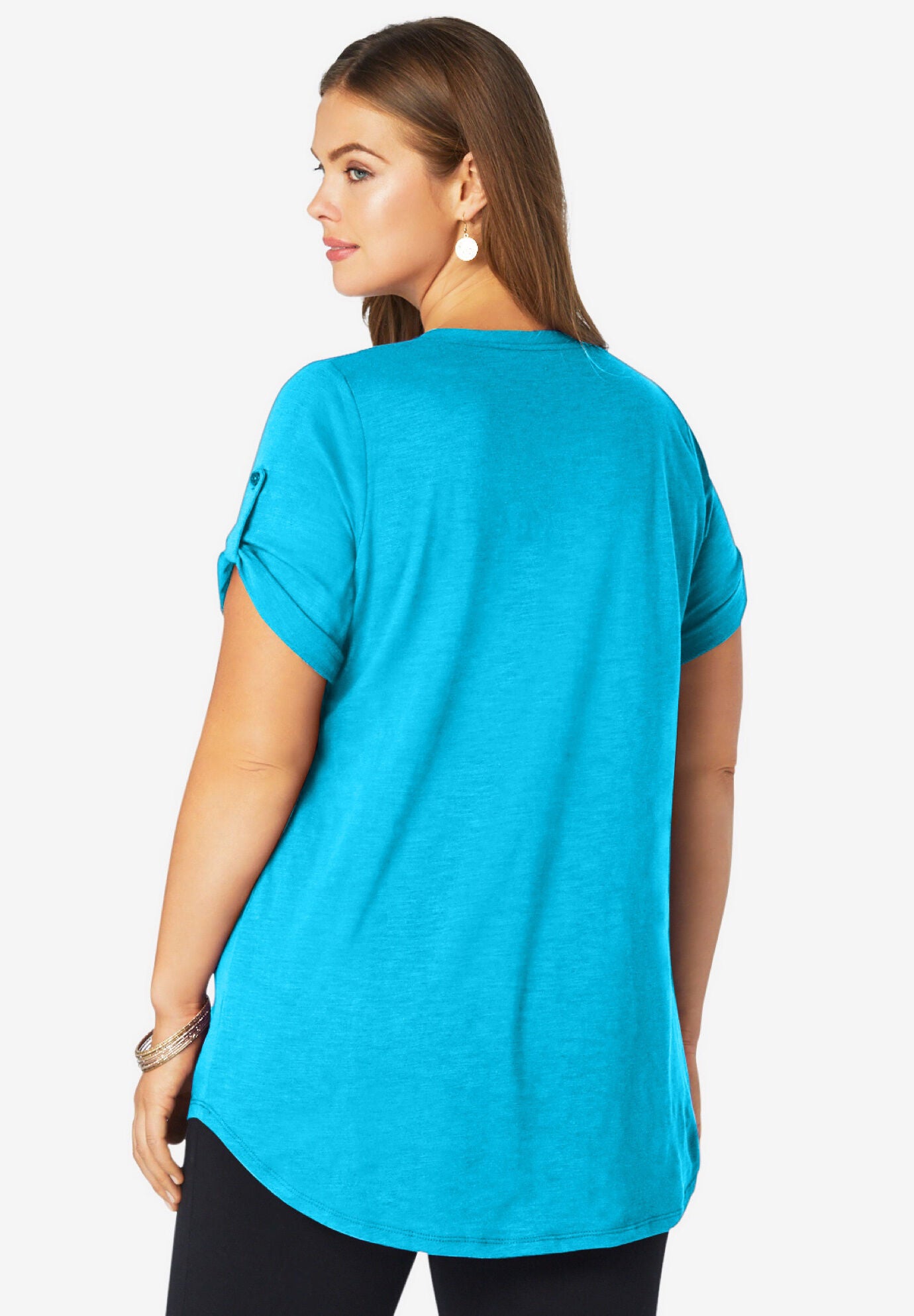 Plus Size Slub V-Neck Boyfriend Tunic Top, OCEAN, on-hover image number 1