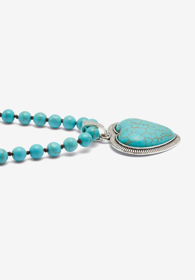 Genuine Turquoise Antiqued Silvertone Heart Pendant Necklace, 34 Inches, , on-hover image number null