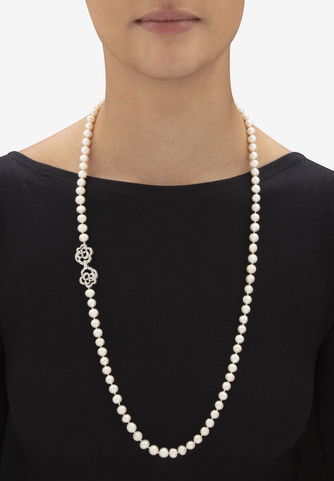 1.42 Cttw. White Genuine Pearl Necklace W/Cubic Zirconia Clasp Silvertone 32 inches, , alternate image number null