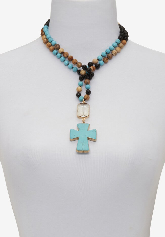 Genuine Turquoise Jasper And Multicolor Agate Beaded Cross Necklace 40 Inch, , alternate image number null