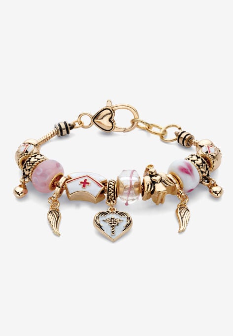 Goldtone Lucite Medical Nurse Bali Style Beaded Charm Bracelet, GOLD, hi-res image number null