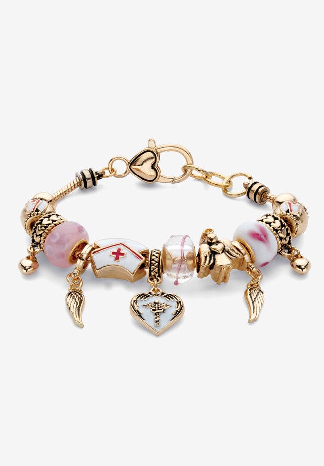 Goldtone Lucite Medical Nurse Bali Style Beaded Charm Bracelet, GOLD, hi-res image number 0