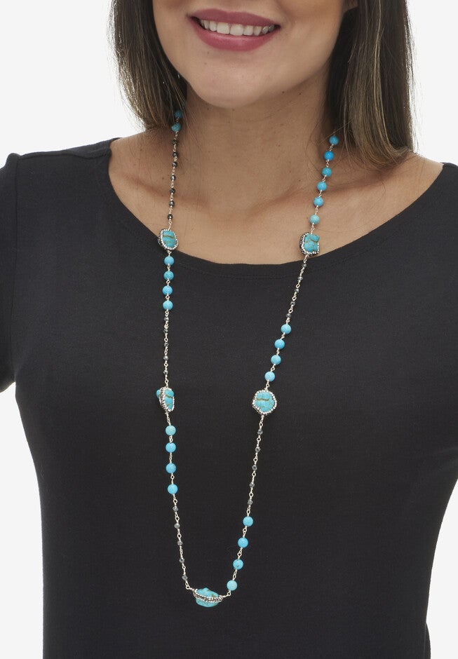 Genuine Turquoise And Crystal Silvertone Beaded Drop Necklace 36-Inch, , alternate image number 2