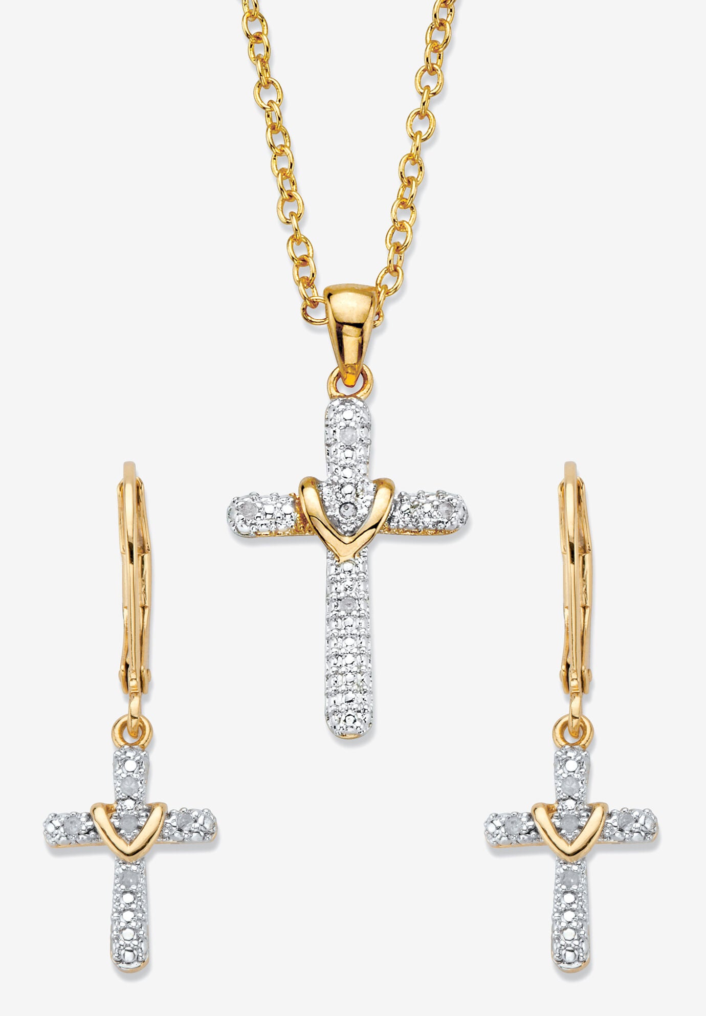 Diamond Accent Gold Plated 2 Piece Cross Earring and Necklace Set