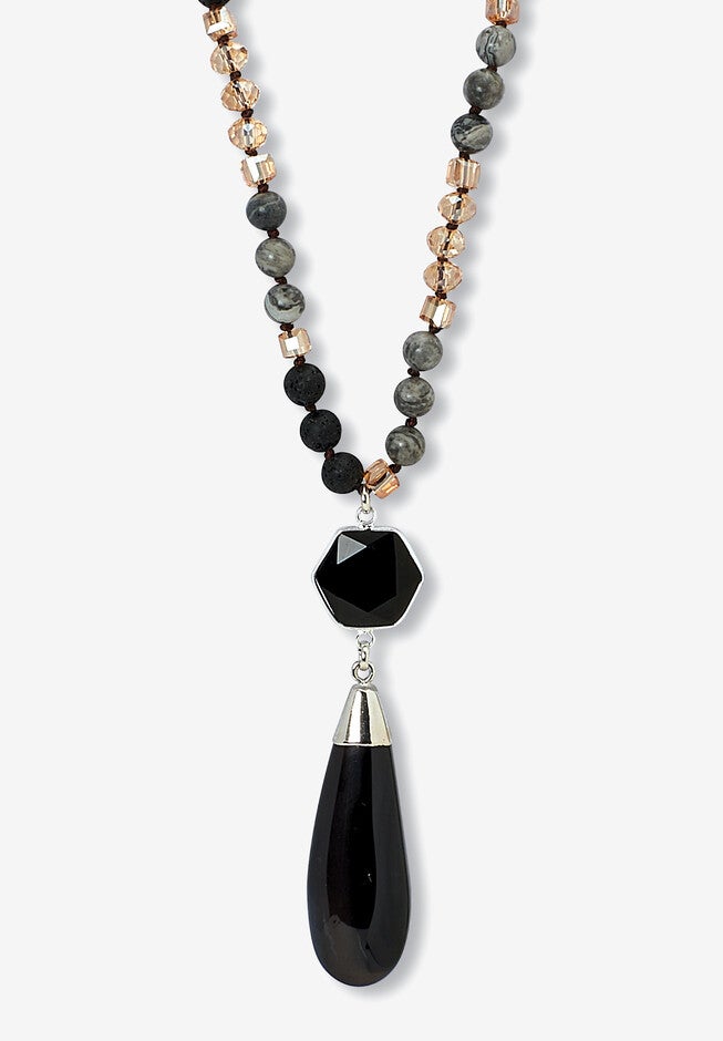 Genuine Black Agate Silvertone Drop Necklace, 32-Inch Length, BLACK, hi-res image number null