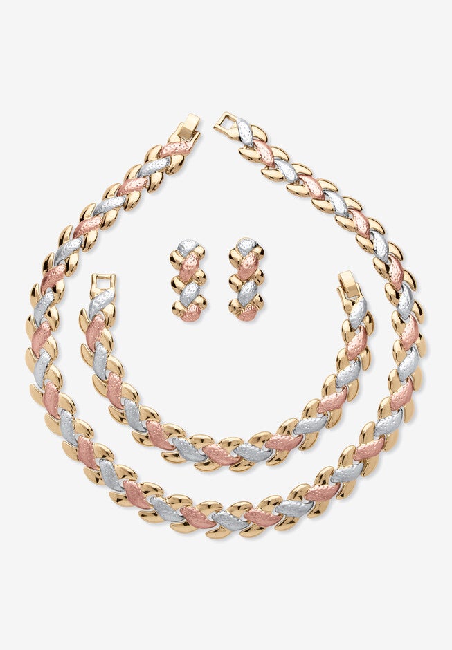 Tri Tone Goldtone Rosetone Silvertone Interlocking Link Necklace, Bracelet And Earring Set, 17 Inches Jewelry, GOLD, hi-res image number null