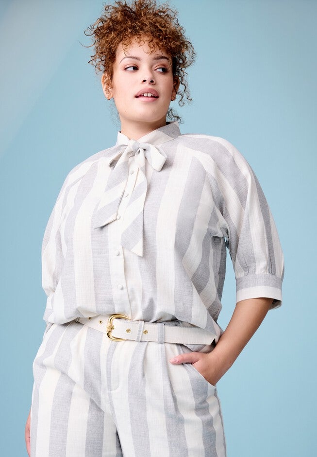 Tie-Neck Button-Down Blouse, STRIPE, hi-res image number null