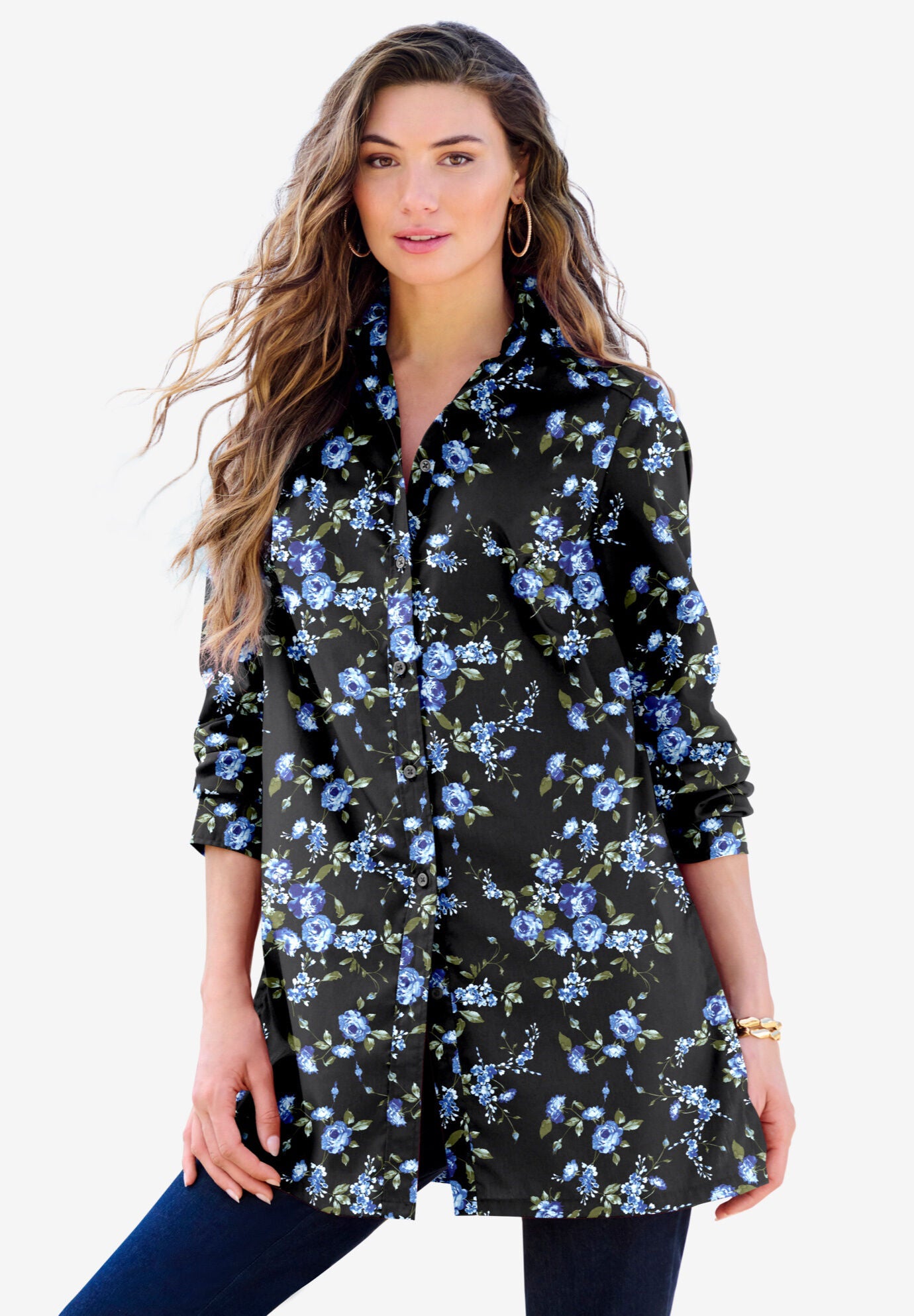 Kate Long-Sleeve Crisp Cotton-Blend Button-Front Tunic, , alternate image number 3