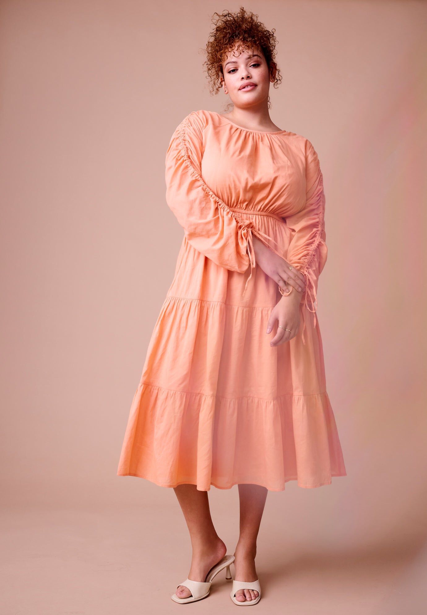 Cotton Voile Ruched Midi Dress, SHELL CORAL, hi-res image number 0