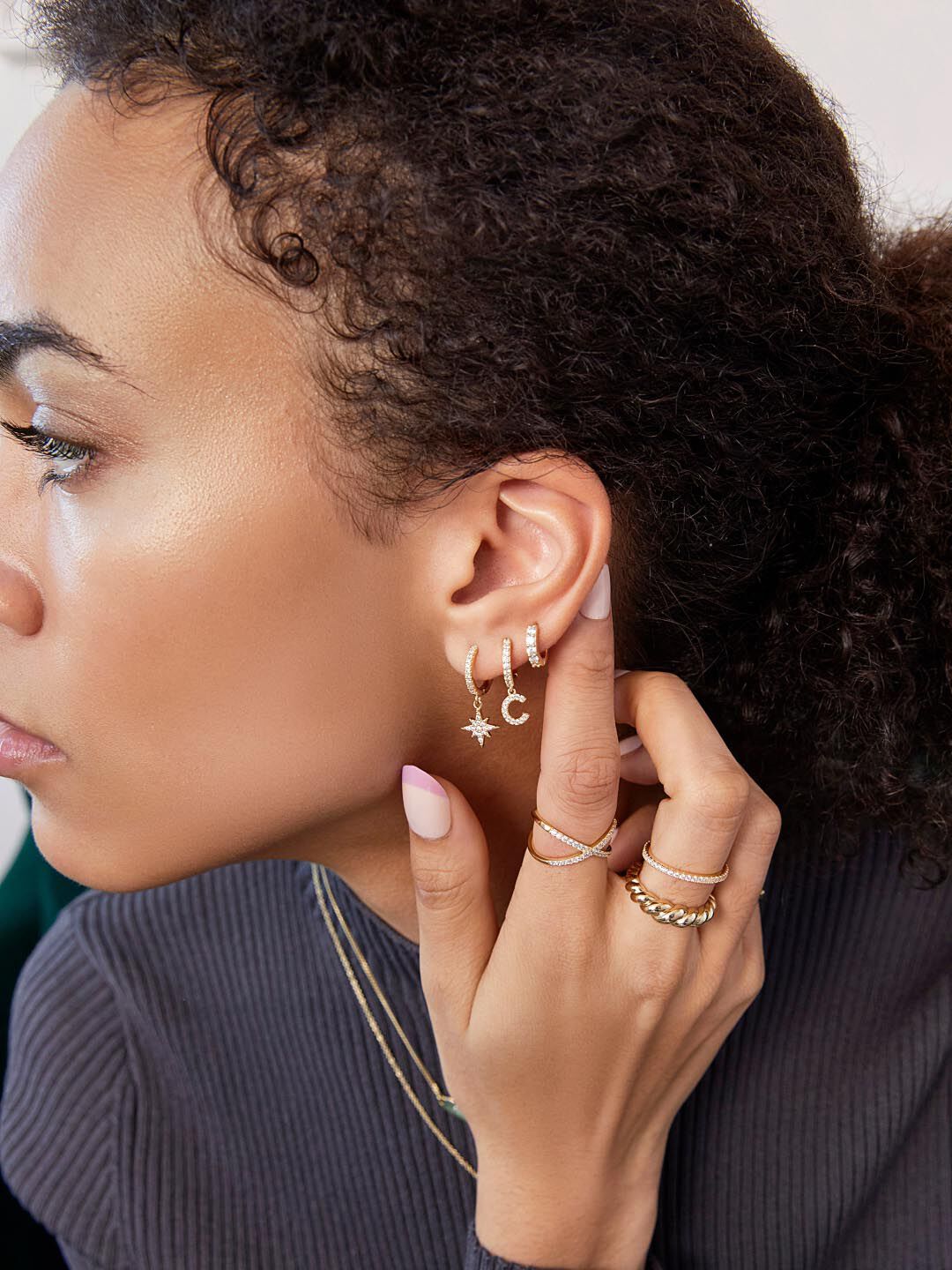 Crescent Moon Huggie Hoops - Celeste, GOLD, alternate image number 4