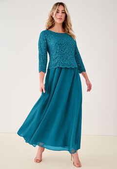 Plus Size Sequin Lace Three Quarter Sleeve A-Line Gown