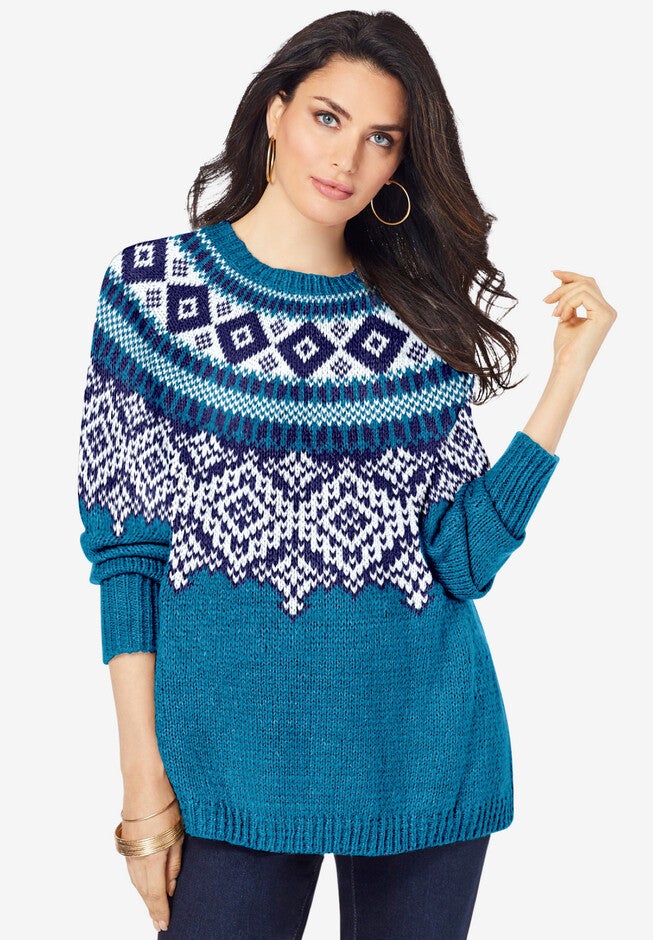 Fair Isle Sweater, DEEP TEAL COZY FAIR ISLE, hi-res image number 0