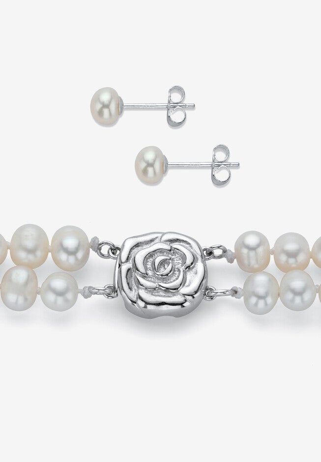 Pearl 3-Piece Earring, Double Strand Necklace And Bracelet Set In Sterling Silver 18 inches, , on-hover image number null
