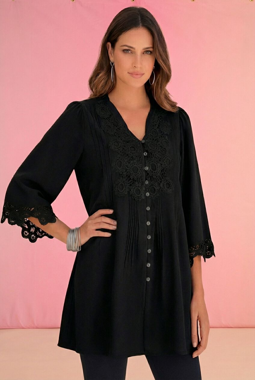 Plus Size Juliet Lace Trim Button-Down Shirt