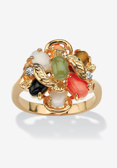 18K Gold-plated Oval Jade, Coral, Onyx, Tiger's Eye and Opal Ring, GOLD, hi-res image number null