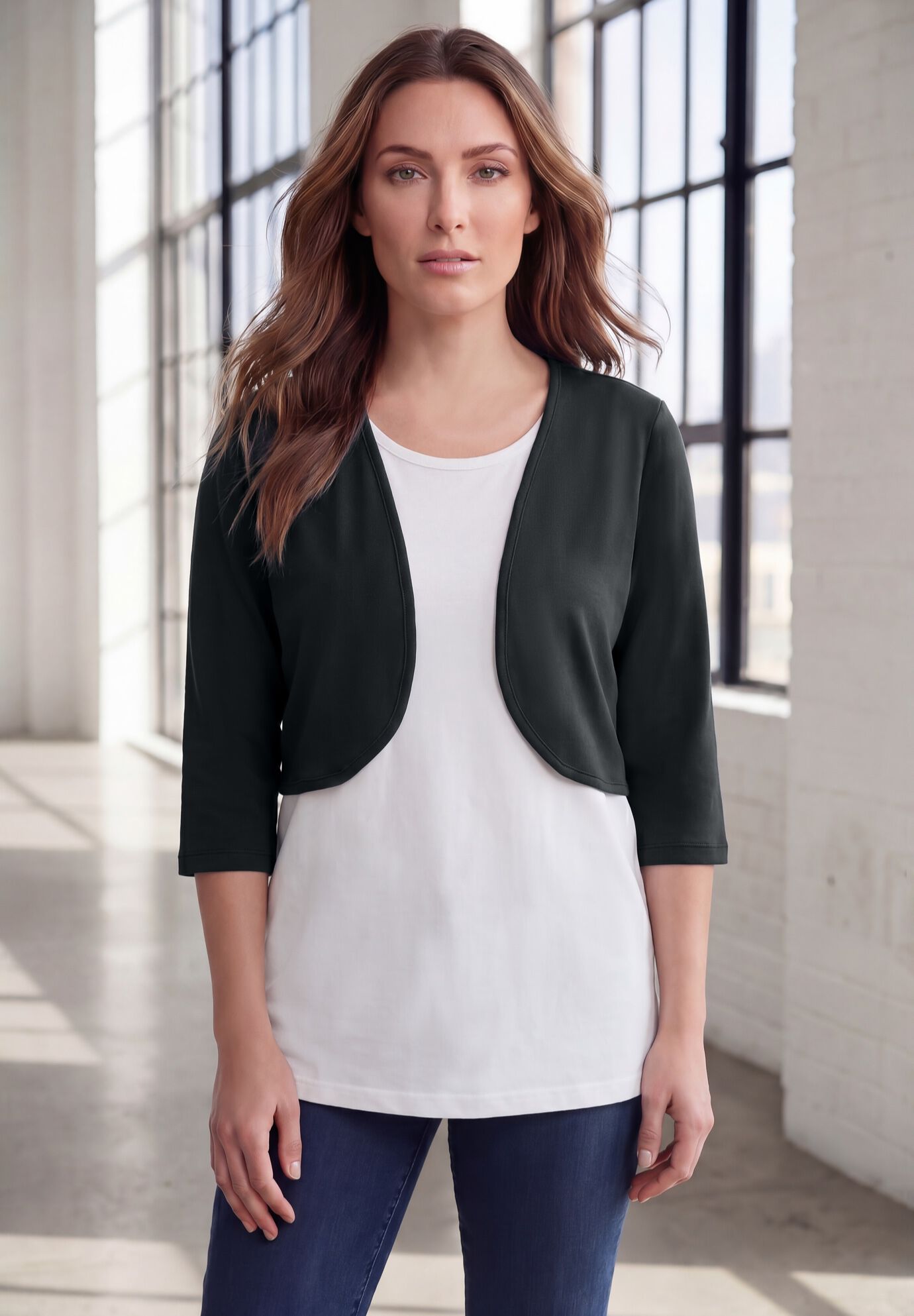 Bolero Cardigan with Three Quarter Sleeves, BLACK, on-hover image number 1