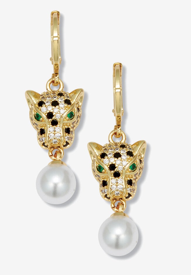 Round Simulated Pearl And Crystal Goldtone Drop Earrings, 22X12Mm, GOLD PEARL, hi-res image number null